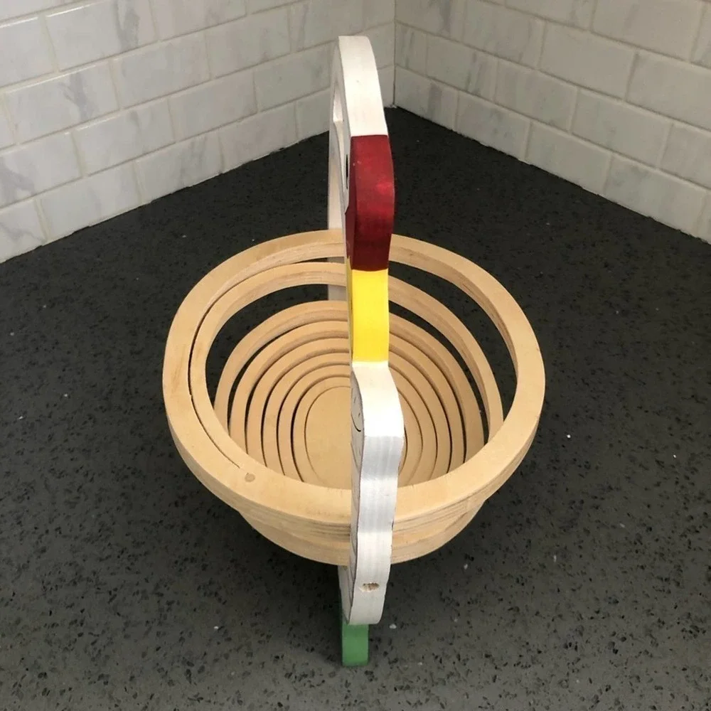 Vintage Collapsible Wood Goose Fruit Basket Spiral Folding Trivet Kitchen Decor